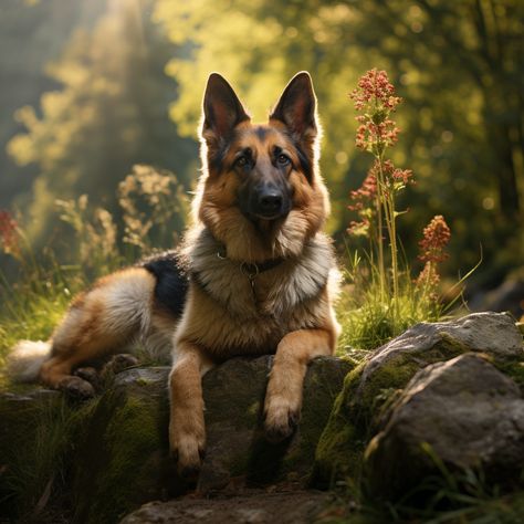 a photography of a German Shepherd dog in a nature background, leaves, herbs, and flowers. German Shepherd Pictures Beautiful Dogs, German Shepherd Dogs Photography, Dog Reference Poses, Dog Poses Reference, Dog Landscape, German Shepherd Photography, German Shepherd Colors, Long Haired German Shepherd, Dog Foto