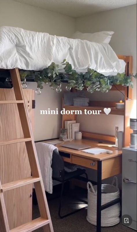 Dorm Room Ideas Under Bed, Single Occupancy Dorm Room Ideas, College Dorm Room Ideas Desk Under Bed, Dorm Aethstetic, College Triple Dorm Room Ideas, Three Person Dorm Room, Lofted Bed Dorm Room Ideas Aesthetic, Dorm Room Ideas Desk Under Bed, Dorm Room Inspiration Minimalist