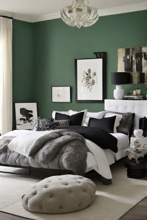 home decor interior design, interior bedroom design, kitchen designs, living room interior Black Accent Wall Green Bedding, Black Evergreen Behr Paint Bedroom, Pewter Green Accent Wall Bedroom, Dark Green And Silver Bedding, Dark Green Bedroom Bedding & Blankets, Jewel Toned Bedroom Decor, Jewel Tone Bedroom, Sage Green Kitchen, Green Kitchen Cabinets