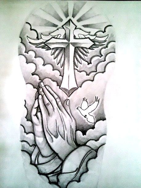 Praying hands and cross with wings sleeve design. Style: Chicano. Color: Gray. Tags: Cool, Nice Religious Tattoo Sleeves, Tattoo Crane, Praying Hands Tattoo Design, Praying Hands Tattoo, Half Sleeve Tattoos Drawings, Angel Demon, Demon Tattoo, Drawing Pictures, Religious Tattoo