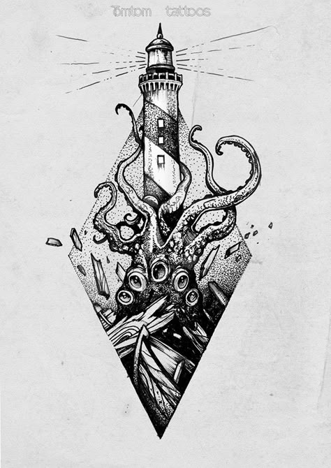 Lighthouse Tattoo Design, Core Tattoo, Layout House, Ocean Sleeve, Kraken Tattoo, Trendy House, Octopus Tattoos, Lighthouse Tattoo, Kunst Tattoos