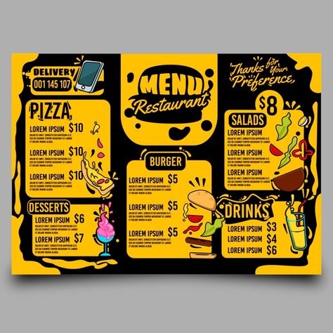 Menu restaurant Premium Vector | Premium Vector #Freepik #vector #food #menu #design #restaurant Fun Menu Ideas, Pizza Menu Design, Menu Design Layout, Menu Burger, Restaurant Brochures, Menu Pizza, Menu Design Inspiration, Food Truck Menu, Cafe Menu Design