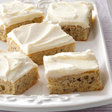 Banana Bars with Cream Cheese Frosting Recipe | Taste of Home Bars With Cream Cheese Frosting, Banana Bread Bars, Bars With Cream Cheese, Banana Bars, Banana Cake Recipe, Cream Cheese Frosting Recipe, Brownie Desserts, Oreo Dessert, Cake Bars