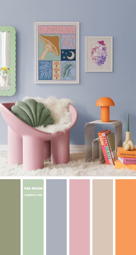 whimsical color palette, pastel living room, blue wall living room, blue and pink living room, pastel color ideas for living room Colourful Pastel Living Room, Pastel Furniture Living Room, Color Wall Room Ideas, Wall Pastel Color Ideas, Pastel Interior Color Palette, Pastel Color Palette Interior Design, Living Room Designs Pastel Colors, Home Office Pastel Colors, Colorful Sitting Room