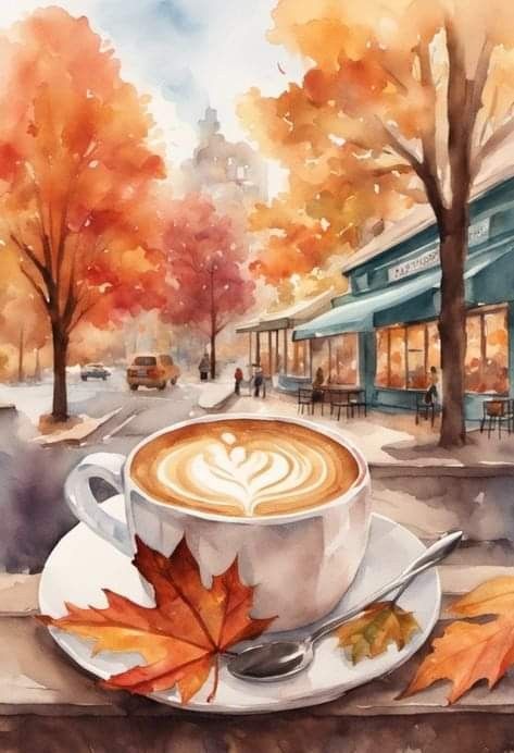 Aesthetic Thanksgiving, Image Halloween, Coffee Painting, Autumn Illustration, Coffee Illustration, Autumn Magic, Autumn Scenes, Fall Watercolor, Autumn Coffee