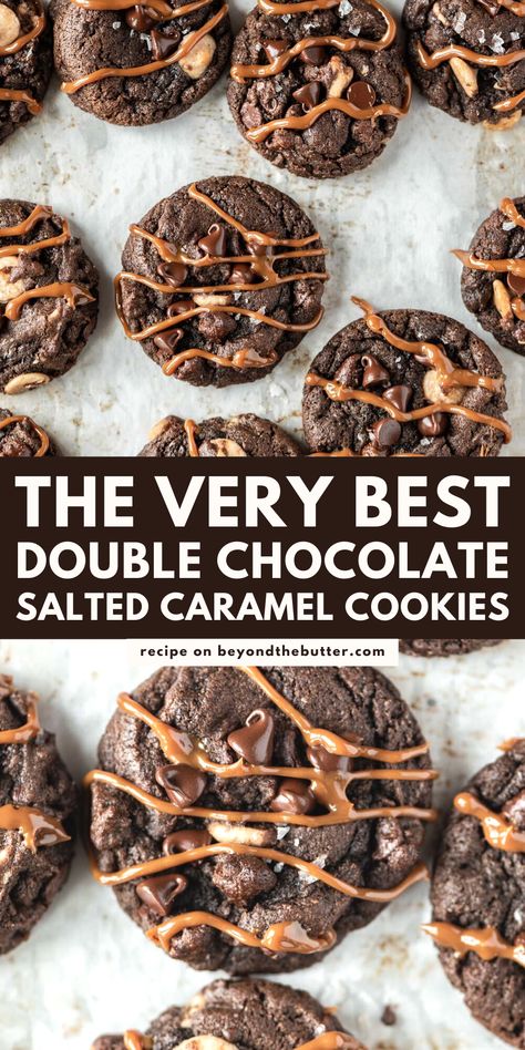 This Double Chocolate Salted Caramel Cookies recipe gives you light, crispy edges that are soft and fudgy in the middle, with a rich chocolatey, caramel taste, and sea salt flakes lightly sprinkled on top! Find the full recipe on BeyondtheButter.com! #cookies #chocolatecookies #saltedcaramel #seasaltflakes Salted Caramel Chocolate Pecan Cookies, Salted Dessert Recipes, Double Chocolate Salted Caramel Cookies, Call Cookie Recipes, Double Chocolate Caramel Cookies, Carmel Salted Chocolate Chip Cookies, Dark Chocolate Salted Caramel Cookies, Chocolate And Caramel Cookies, Salted Caramel Brownie Cookies