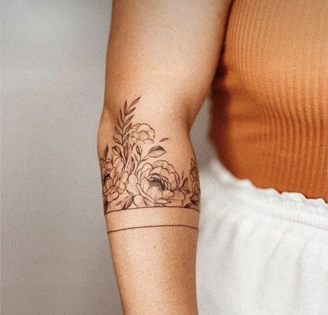 Patchwork Tattoo Ideas, Cuff Tattoo, Patchwork Tattoo, Elbow Tattoos, Fine Line Tattoo, Floral Tattoo Sleeve, Hand Tattoos For Women, Arm Band Tattoo, Line Tattoo