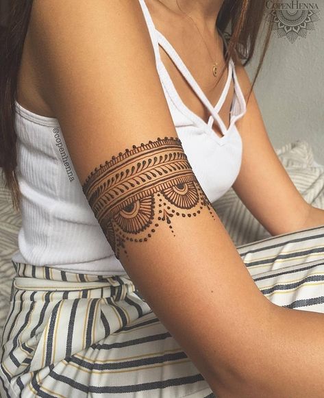 Mehndi Designs Arm Band Tattoo, Aztec Band Tattoo For Women, Mandala Arm Band Tattoo For Women, Arm Bands For Women Tattoo, Forearm Cuff Tattoo Women, Bangle Tattoo For Women, Arm Band Tattoos Women, Ornamental Arm Band Tattoo, Band Tattoos Women