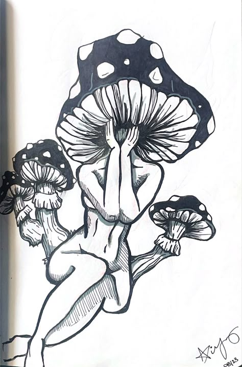 black and white ink psychedelic mushroom headed woman drawing Goth Mushroom Drawing, Drawings Mushroom Fairy, Mushroom Tattoo Black And White, Trippy Mushrooms Drawing, Ink Drawing People, Unique Mushroom Drawing, Mushroom Circle Drawing, Flower Body Drawing, Mushroom Woman Drawing