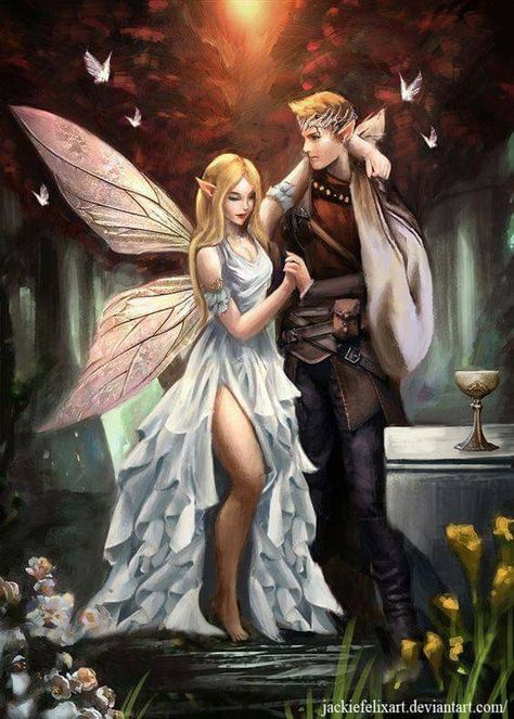 Elves And Fairies Drawings, Fairy Tale Characters Costumes, Fairy And Demon Couple, Male Fairies Fantasy Art, Fairy Romance Art, Fairy Lovers Fantasy Art, Characters Costumes, Male Fairy, Fairy Costumes