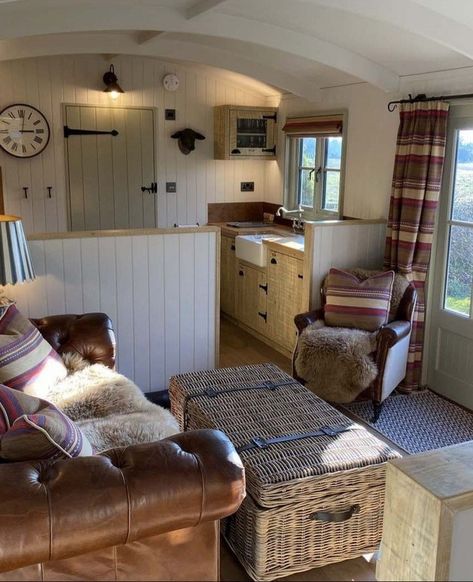 Shepherds Hut For Sale, Built In Bench Seating, Shepherd Huts, Triangle House, Caravan Makeover, English Shepherd, Red Houses, Storage Bench Seating, Caravan Interior