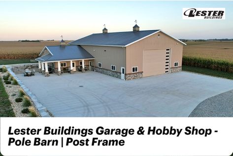 Lester Buildings Garage & Hobby Shop - Pole Barn | Post Frame. This 48' x 80' x 17' Hobby Shop includes an additional 44'x 24' x 9'2" space. Exterior is in our Uni-Rib Clay with Stone wainscot, Quaker Gray roof and Snow White trim. Exterior features stone wainscot, a wraparound porch, and Cupolas. #LesterBuildings #PoleBarn #PostFrame #HobbyShop #Garage #DreamBuilding White Trim Exterior, Lester Buildings, Metal Shop Building, Wraparound Porch, Post Frame, Exterior Stone, Barn Style House, Metal Shop, Hobby Shop