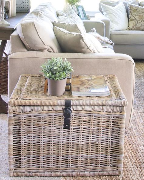 basket (1 of 1) from IKEA  used as an end table for storage of blankets. Farmhouse Side Tables Living Room, Living Room Media Storage, Blanket Storage Living Room, Blanket Storage Ideas, Modern Drapes, Blanket Storage Basket, Living Room Baskets, Living Room Blanket, Pillow Storage