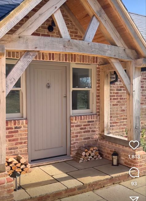 Oak Porch On Bungalow, Front Porch Ideas Bungalow, Rustic Front Entrance, House Frontage Ideas, External Porch Ideas, Timber Porch Ideas, Cottage Style Flooring, Oak Porch Ideas Entrance, Front Door Exterior Entrance Ideas