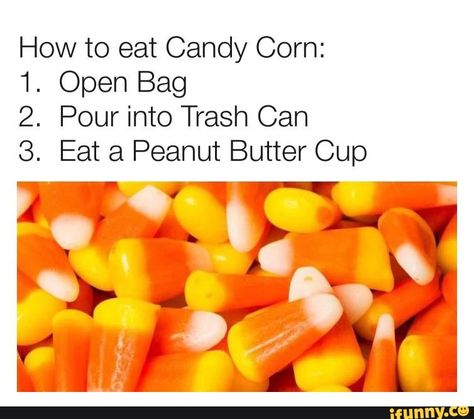 How to eat Candy Corn: 1. Open Bag 2. Pour into Trash Can 3. Eat a Peanut Butter Cup - ) Trash Meme, Spooky Memes, Peanut Butter Cup, Memes Of The Day, Joke Of The Day, Funny As Hell, Food Humor, Peanut Butter Cups, Funny Tweets