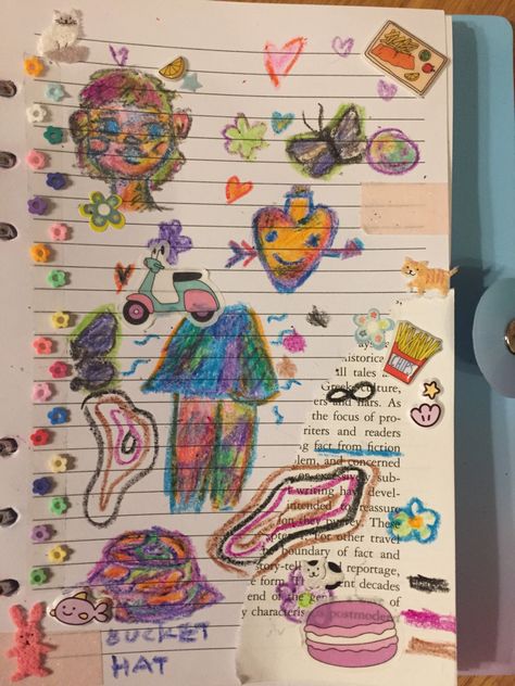 Kidcore Journal, Kidcore Doodles, Childish Aesthetic, Clutter Aesthetic, Sketchbook Scrapbook, Aesthetic Sketchbook, Doodle Journal, Character Girl, Sketchbook Inspo