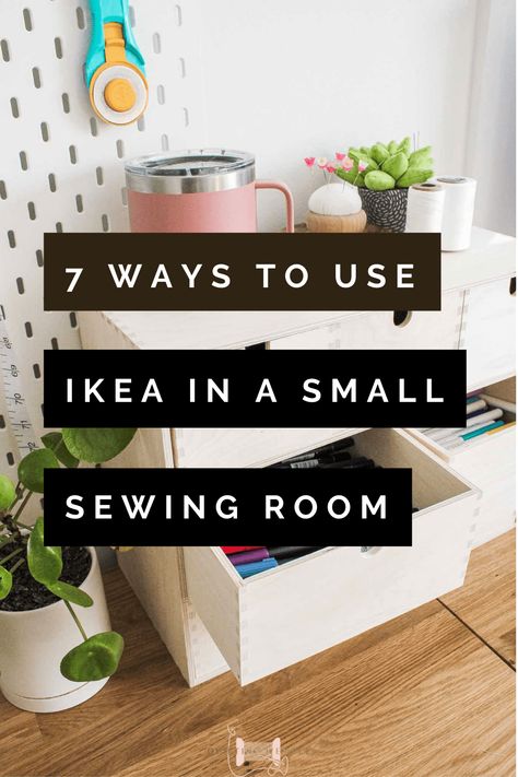 Crafters often think they need a whole room dedicated to crafting to have a beautiful IKEA set up, but I disagree! No matter what your crafting space looks like, big or small, you can incorporate IKEA. Today I'm taking you on a tour through my small corner of a sewing room to show you how you can use IKEA products to house your quilting notions and quilting supplies efficiently. While also including some quilting tips for getting the most out of your small spaces. | Quilting Wemple Office And Sewing Room Combined, Corner Sewing Space, Wall Storage For Craft Supplies, Organize Sewing Room Small Spaces, Ikea Hack Sewing Room, Closet Sewing Space Diy, Sewing Room Small Space Ideas, Ikea Hacks For Sewing Room, Apartment Sewing Space