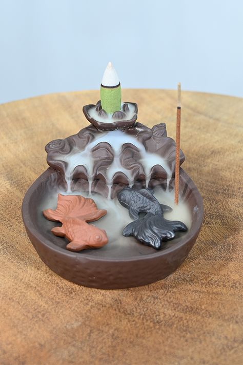 Two fish design ceramic backflow incense burner，incense cone backflow waterfall smoke Waterfall Incense Burner Clay, Backflow Incense Burner Diy Air Dry Clay, Ar Glasses, Backflow Incense Burner, Incense Burner Holder, Diy Air Dry Clay, Incense Cone, Backflow Incense, Diy Yarn Crafts