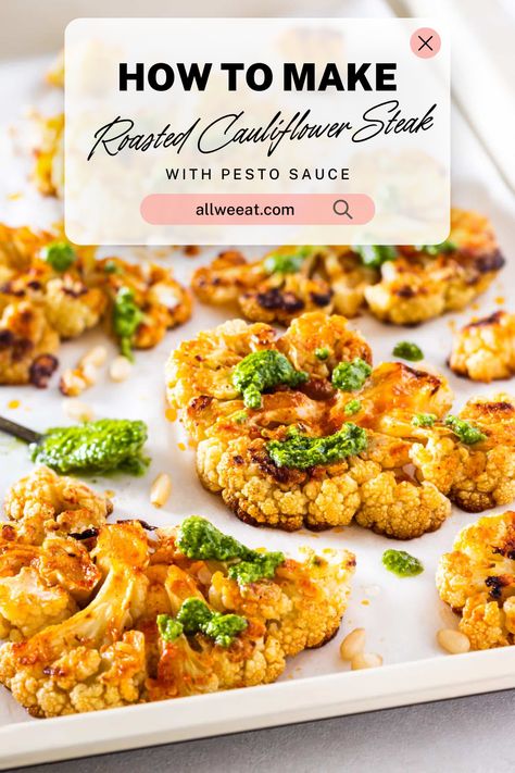 🥦 Roasted Cauliflower Steak with Pesto 🌿  Try this delicious and healthy Roasted Cauliflower Steak with Pesto Sauce!  Crispy & Flavorful: Roasted cauliflower topped with fresh pesto. Healthy & Simple: A vegetarian dish that’s easy to make. Pin this recipe for a tasty and nutritious meal! 🥦✨  #VegetarianRecipes #HealthyEating #EasyMeals Healthy Roasted Cauliflower, Seasoned Cauliflower, Recipe Using Cauliflower, Fresh Basil Pesto, Cauliflower Steak, Roasted Cauliflower Steaks, Grilled Cauliflower, Homemade Pesto Sauce, Steak Dishes