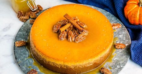 Caramel Pumpkin Cheesecake | Just A Pinch Recipes Carmel Pumpkin Cheesecake, Caramel Pumpkin Cheesecake, Pumpkin Cheesecake Cupcakes, Fun Cheesecake Recipes, Peanut Butter Cheesecake Brownies, Peanut Butter Cup Cheesecake, Caramel Pumpkin, Pumpkin Bread Pudding, Pumpkin Cheesecake Bars