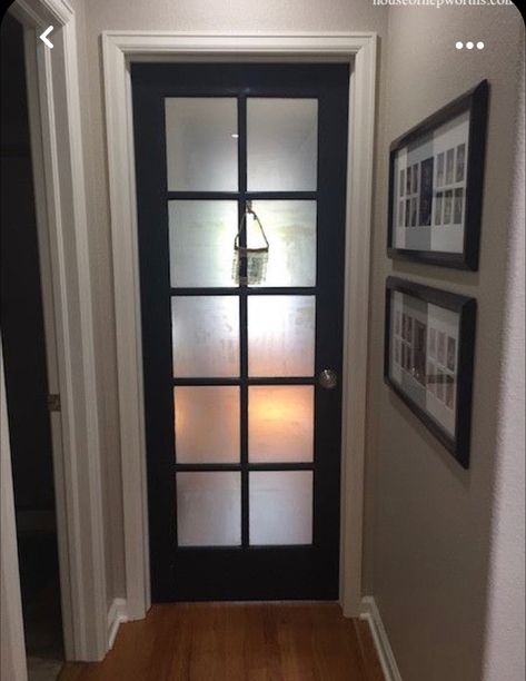 Frosted Glass French Doors Interior, Frosted Glass Bedroom Door, Black Glass Panel Door, Glass Bedroom Door Privacy, Black Interior Doors With Glass Panels, Pantry Door Frosted Window, Interior Door With Frosted Glass Panel, Door Contact Paper, Frosted French Doors Interior