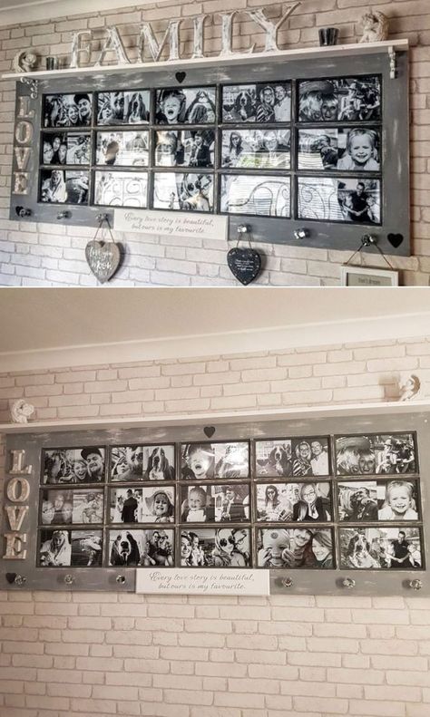 Doors As Wall Decor, Old Window Photo Display, Old Door Wall Decor, Old Window Frame Ideas, Door Picture Frame, Door Diy Projects, Recycled Door, Diy Living Room Decor, Door Picture