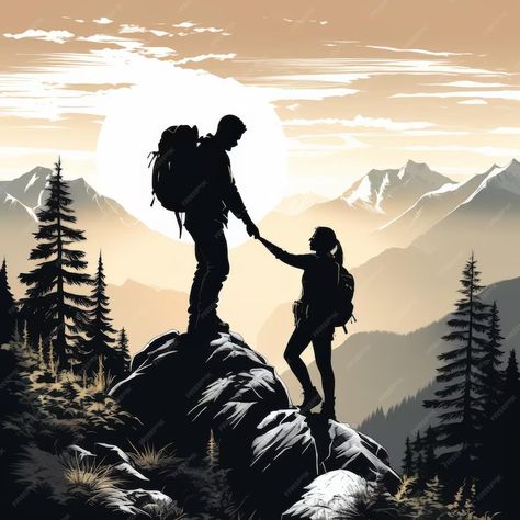 Premium Vector | A couple is standing on a mountain with mountains in the background Camping In The Mountains, Trekking Painting, Hiking Artwork, Standing On A Mountain, Hiking Logo, Hiking Couple, Mountain Couple, Easy Mandala Drawing, Mountain Background