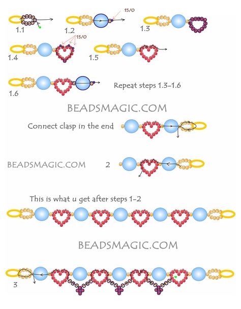 Heart Beaded Bracelets Pattern, Heart Bracelet Pattern Beads, Beaded Bracelets Tutorial Heart, Seed Bead Patterns Heart, Heart Beading Pattern, Beaded Bracelet Patterns Free, How To Make Beaded Heart, How To Make A Heart Bead Bracelet, Cute Beading Ideas