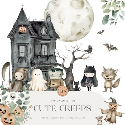 Unveil the magic of Halloween with our "Cute Creeps: Adorable Halloween Clipart Collection"! This delightful bundle features charming little monsters and a variety of spooky, yet irresistibly cute, graphics that will bring a touch of whimsy to all your Halloween projects. Perfect for scrapbooking, party invitations, nursery and kids decor, and more, these high-quality cliparts will ignite your creativity and add a playful twist to the spooky season. Each character and design is lovingly crafted Halloween Elements, Cute Wizard, Cute Halloween Clipart, Halloween Decorations Illustration, Spooky Cute, Halloween Clip Art, Cute Halloween Clipart Free Printable, Playful Graphic Design, Halloween Animal Illustration