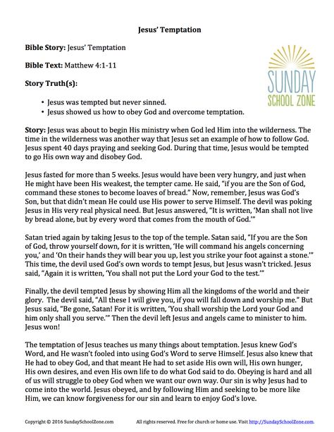 This Bible story summary, based on Matthew 4:1-11, will help kids understand the story of Jesus' temptation, how he was tempted but never sinned, and how we can also overcome temptation. Overcoming Sin And Temptation, Matthew 4:1-11, Jesus Temptation, Youth Sunday School Lessons, Story Summary, Childrens Bible Activities, Kids Church Activities, Youth Lessons, Story Of Jesus