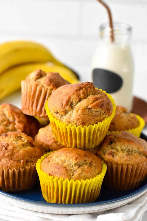 These Eggless Banana Muffins are the most fluffy, soft banana muffins made with no eggs and refined sugar free. It's a great banana muffin recipe for anyone allergic to eggs, or on a vegan diet. Ripe Banana Recipes No Egg, No Egg Banana Recipes, Egg Free Banana Muffins, Ripe Banana Recipes, Eggless Banana Muffins, Egg Free Muffins, Conscious Plant Kitchen, Vegan Banana Muffins, Mini Chocolate Chip Muffins