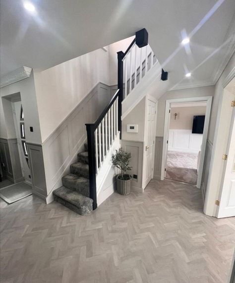 Grey Landing And Stairs, Grey Carpet Hallway And Stairs, Grey And White Stairs And Landing, Hall Stairs And Landing Decor Grey, Black And White Hall Stairs And Landing, Hallway Panelling Black Stairs, Grey And White Hallway Ideas, Grey And White Hallway, Grey Hallway Ideas