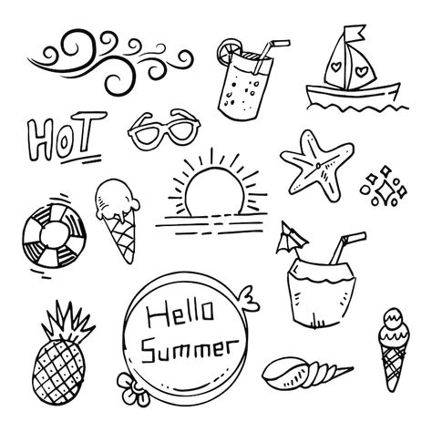 Premium Vector | Set doodle summer vector illustration Summer Doodles Aesthetic, Summer Bujo, Painting Cups, Doodles Summer, Work Doodles, Jane Maday, Summer Doodles, Notebook Therapy, Marker Coloring