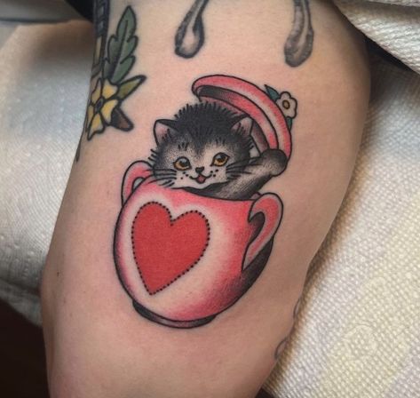 Romantic Traditional Tattoo, Tuxedo Tattoo, Vintage Cat Tattoo, Traditional Heart Tattoo, Traditional Cat Tattoo, Valentines Flash, Kitchen Mural, Traditional Heart Tattoos, Teacup Tattoo