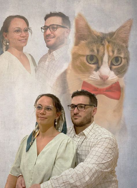 Studio photo of a couple with their baby cat with a bowtie. Inspo 70-80s coulpes studio photoshoots and montage Funny 80s Couple Pictures, Funny Couple Studio Photoshoot, Family Portrait With Cat, 80s Couples Photoshoot Funny, Engagement Photoshoot Ideas Funny, 80s Awkward Couple Photoshoot, Funny Couple Poses Photo Ideas, Corny Couple Pictures, Tacky Family Photos