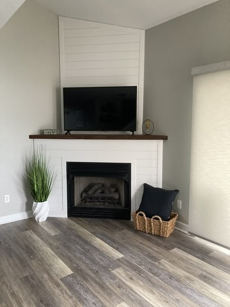 Fake Fireplace Ideas Corner, Fireplace Tv Corner Wall, Corner Tv And Fireplace, Electric Fireplace Ideas With Tv Corner, Diy Fireplace Tv Wall Corner, Small Chimney Ideas, Vertical Shiplap Fireplace Surround, Simple Corner Fireplace, Corner Built In Fireplace And Tv Diy