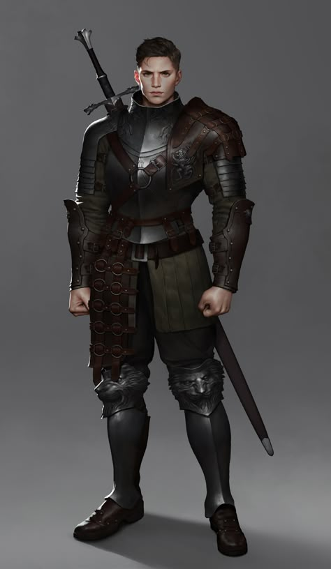 Knight Character Art Male, Soldier Fantasy Art, Male Warrior Fantasy Art, Medieval Swordsman, Medieval Character Art, Fantasy Mercenary, Mercenary Outfit, Mercenary Character Design, Soldado Medieval