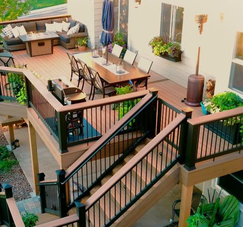 Deck On Back Of 2 Story House, Walkout Deck Ideas, Second Floor Deck Ideas Design, Bottom Deck Ideas, Upper And Lower Deck Ideas, Split Level Deck Ideas Patio Design, Back Deck Designs Layout, High Deck Stairs, Walkout Basement Patio With Pool