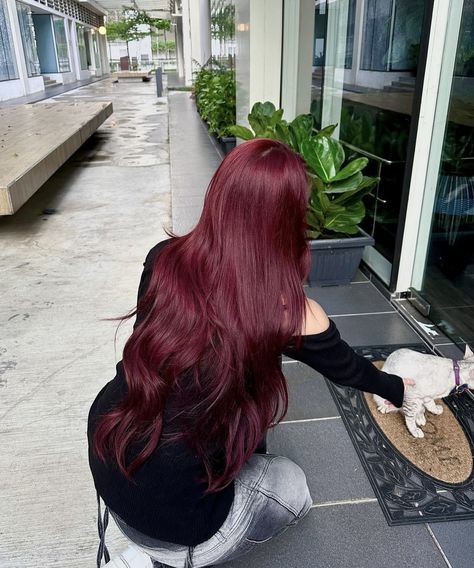 Cherry Hair Girl, Red Wine Color Hair, Long Cherry Red Hair, Long Wine Red Hair, Dark Red Hair Halloween Costumes, Long Red Hair Aesthetic, Long Dark Red Hair, Dark Cherry Red Hair, Black Hair Black Women