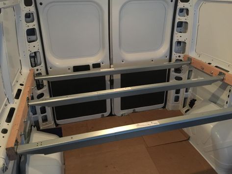 Elevated bed platform using Ikea Skorva steel beams from Ikea (intro post) | Ram Promaster Forum Motorhome Inspiration, Van Conversion Plans, Van Fitout, Van Renovation, Campervan Build, Promaster Camper Van, Van Builds, Ducato Camper, Conversion Vans