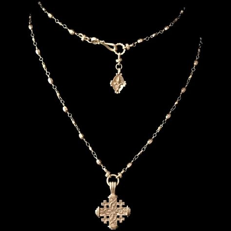 Pilgrim's Cross with Fleur de Lis in Golden Bead Chain by Whispering G - Whispering Cowgirl Goth Gold Jewelry, Angel Of Peace, 2024 Fits, The Pilgrims, Angel Bracelet, Gold Rosary, Antique Jewellery Designs, Sweet Jewelry, Bead Chain