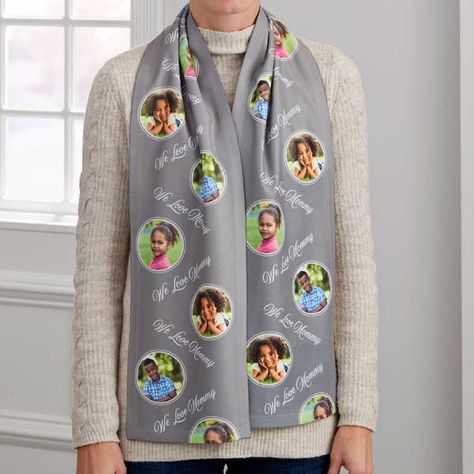 Printed with a repeating pattern of 3 photos and 1 line of textChoose color and font Front and back side are printedMeasures 8" W x 60" L100% polyesterMachine washImported The Photo Phrase Personalized Ladies Scarf is the perfect accessory piece to add to any fall or winter jacket. Makes a great gift any lady will enjoy wearing. Cricut Personalized Gifts, Sherpa Scarf, Printed Scarves, Personalized Scarves, Personalization Mall, Barbie Gifts, Ladies Scarf, Nfl Gifts, Fleece Scarf