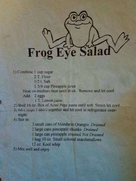 Fruit Salad Ideas, Frog Eye Salad Recipe, Frog Eye Salad, Frog Eye, Jello Salad, Cold Salad, Jello Recipes, Salad Ideas, Fruit Salad Recipes