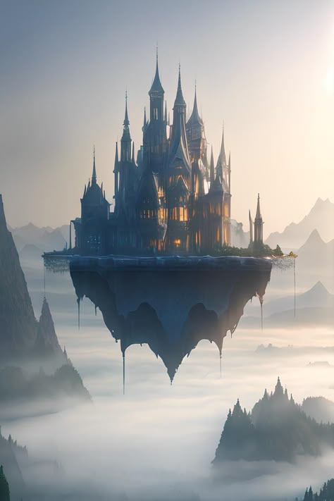 Discover the enchanting allure of a floating glass palace, hidden amidst a misty valley. Be transported to a realm of magic and wonder, where reality and fantasy intertwine. Floating Palace Fantasy Art, Floating Kingdom Fantasy Art, Fantasy Floating Castle, Fantasy Monolith, Floating City Fantasy Art, Fantasy Floating Islands, Floating Islands Fantasy Art, Fantasy City Concept Art, Fantasy Transportation