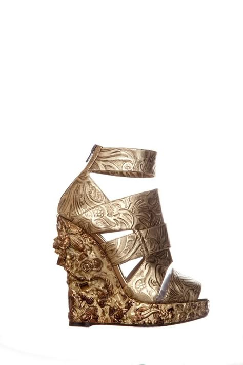 Nicholas Kirkwood for Rodarte gold platform wedge, Spring 2011. Nicholas Kirkwood Shoes, Wedge Heel Shoes, Gold Wedges, Funky Shoes, Sandals Wedge, Nicholas Kirkwood, Shoes Sandals Heels, Shoe Inspiration, Shoes Heels Wedges