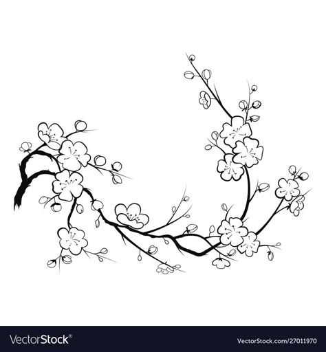 Cherry Tree Drawing, Cherry Blossom Outline, Blossoms Tattoo, Embroidery Sketch, Spring Logo, Cherry Blossom Drawing, Sakura Branch, Blossom Tree Tattoo, Branch Drawing