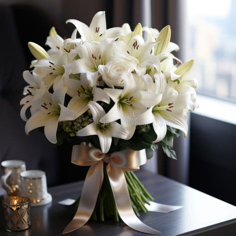 Very delicate wedding bouquet of white lilies in vase royalty free stock image Lilies In Vase, Lily Arrangement, Banquet Centerpieces, Lily Vases, Delicate Wedding, Lily Bloom, White Wedding Bouquets, Beautiful Flower Arrangements, White Lilies