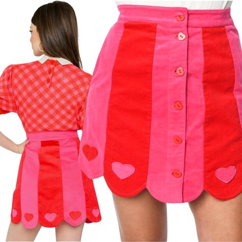 XS (2) / Small (4) / Medium (6-8) / Large (10-12) / XL (14) Jennifer is 5’4” & wearing a Size XS Embroidered Hearts Pockets Scalloped Hem Corduroy Heart Buttons View Valentines Collection ➡️ HERE Lovecore Outfits, Heart Overalls, Valentine Sewing, Valentines Fashion, Clown Outfit, Heart Skirt, Meg Griffin, Valentines Collection, Embroidered Hearts