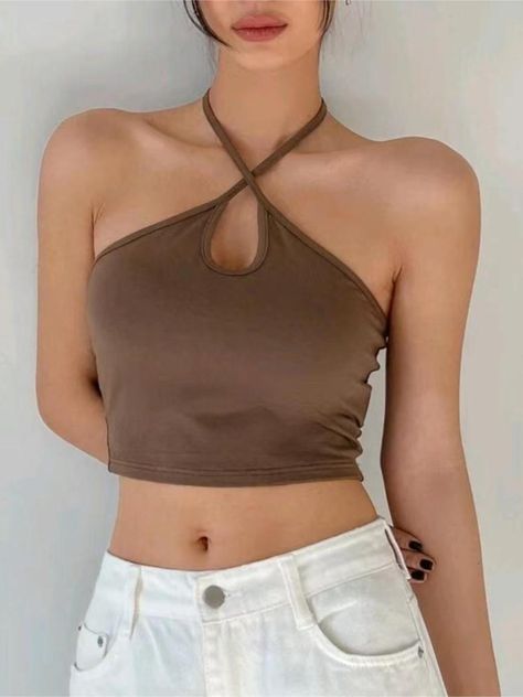 Island Aesthetic, Top Halter, Jumpsuit Outfit, Tank Top Bras, Women Halter, Summer Crop Tops, Halter Tops, Halter Crop Top, Coffee Brown