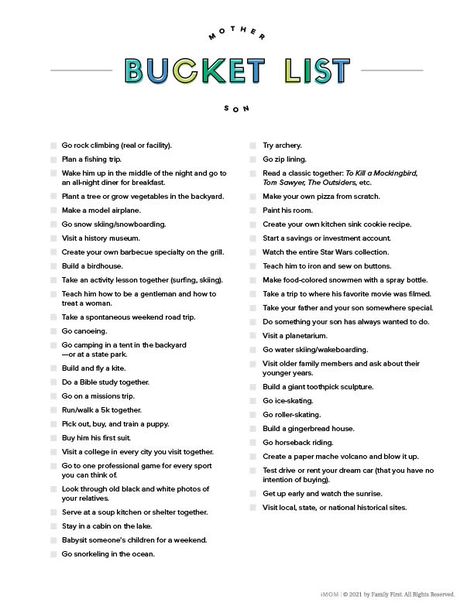 Mother Son Bucket List - iMOM Mother Daughter Bucket List, Teenage Bucket Lists, Kid Dates, Spring Bucket List, My Relationship With God, Boredom Busters For Kids, Box Recipes, Bucket List Life, Theme Nights